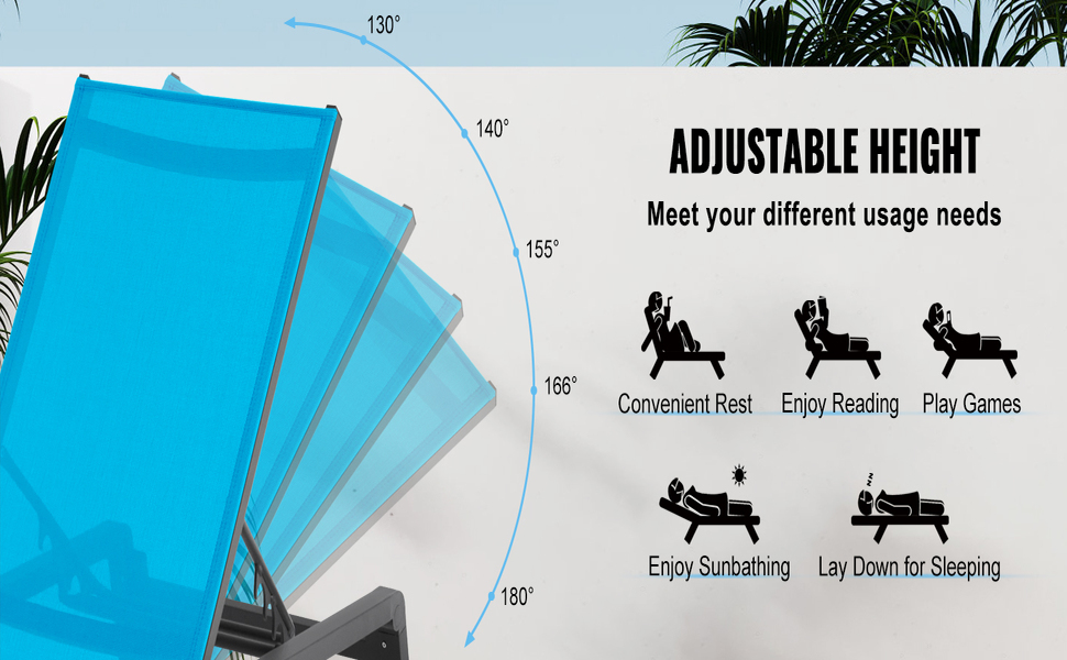 Лежак для відпочинку VEVOR, 182x60x88 см, блакитний, з регулюванням положення, для саду, тераси, пляжу, басейну