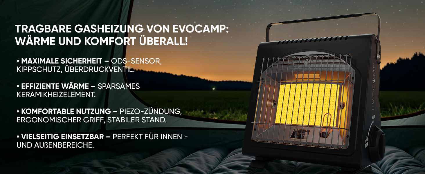 EVOCAMP Портативна газова опалювальна техніка, 1.7 кВт, керамічна, для дому та відпочинку на природі (ODS)