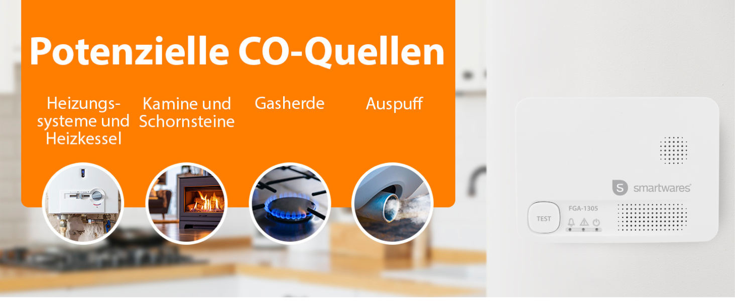 Виявлювач чадного газу Smartwares FGA-13051 з датчиком на 10 років, кнопка тестування, LED-індикатори