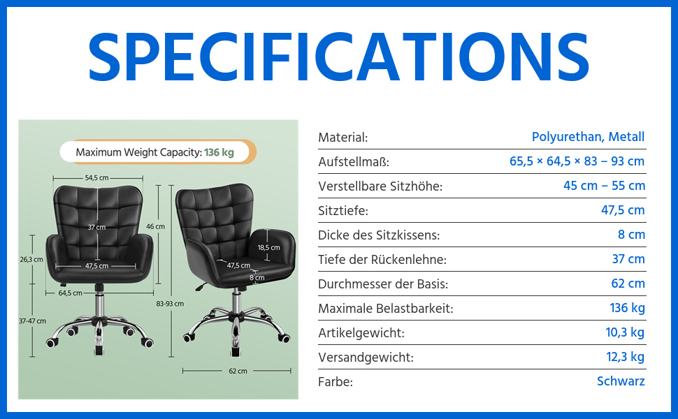 Крісло офісне Yaheetech ергономічне, з регулюванням висоти, з підлокітниками, на коліщатках, до 136 кг, біле (чорне)