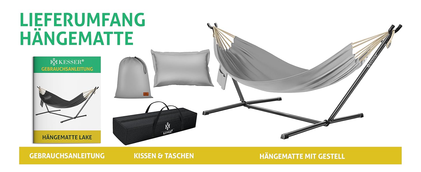 Гамак KESSER® Lake з каркасом для двох осіб, 200 кг, для дому та саду, XXL, з подушкою, сірий