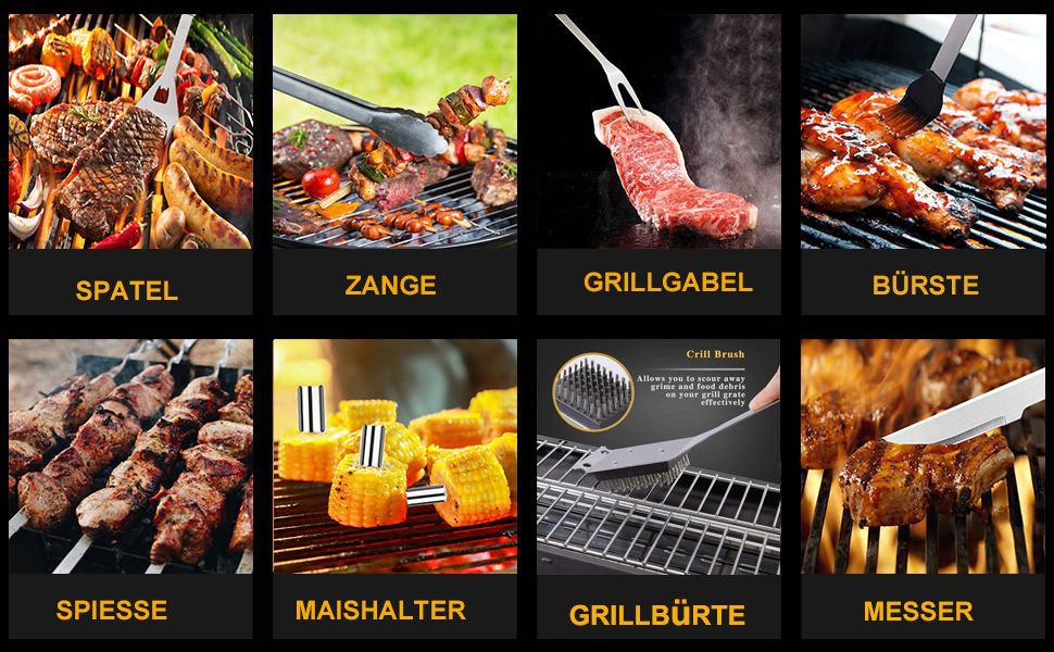 Набір гриль-посуду з нержавіючої сталі, 20 предметів. Ідеальний подарунок для чоловіків, для барбекю, пікніків та кемпінгу.