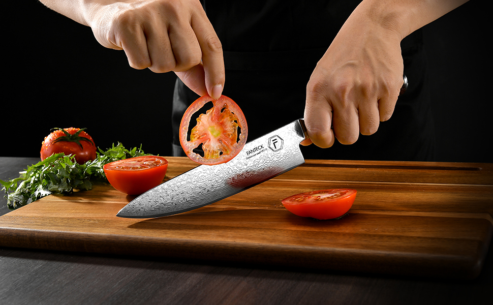 Японський кухонний ніж FANTECK Gyuto з дамаської сталі 20 см (67 шарів VG-10) з дерев'яною ручкою, професійний ніж для кухні, подарункова коробка