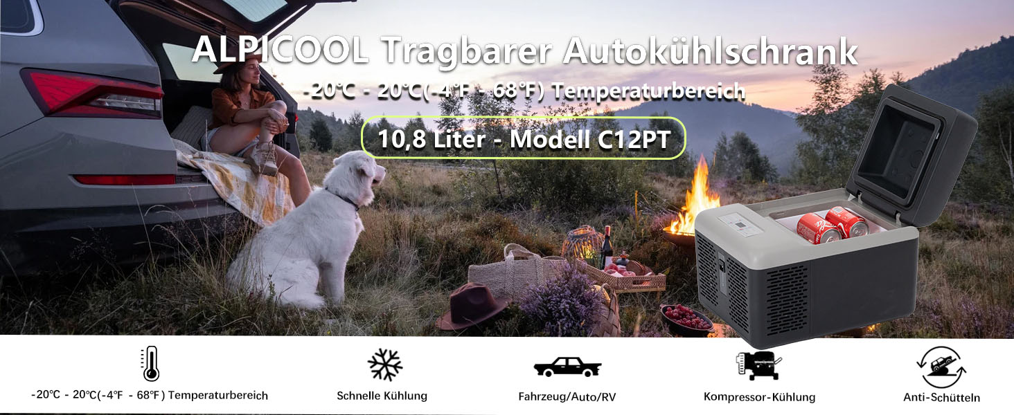 Alpicool C12PT 12L: Міні-холодильник для автомобіля з компресором, 12V, чорний | Автохолодильник для кемпінгу, RV, човна