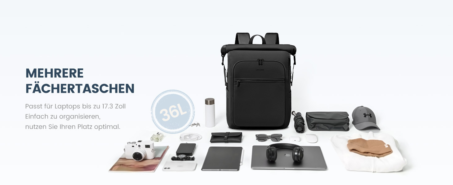 LOVEVOOK Рюкзак Rolltop, чорний, 17.3 дюйми, водонепроникний, для подорожей, школи, університету, велосипеда