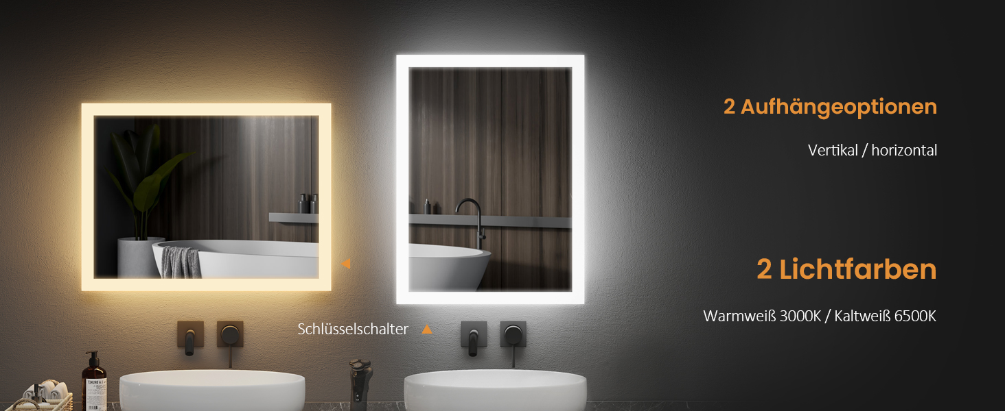 Дзеркало для ванної кімнати EMKE з підсвічуванням 120x60 см, антизапарник, кнопковий вимикач, тепле та холодне біле світло, IP44, енергозберігаюче