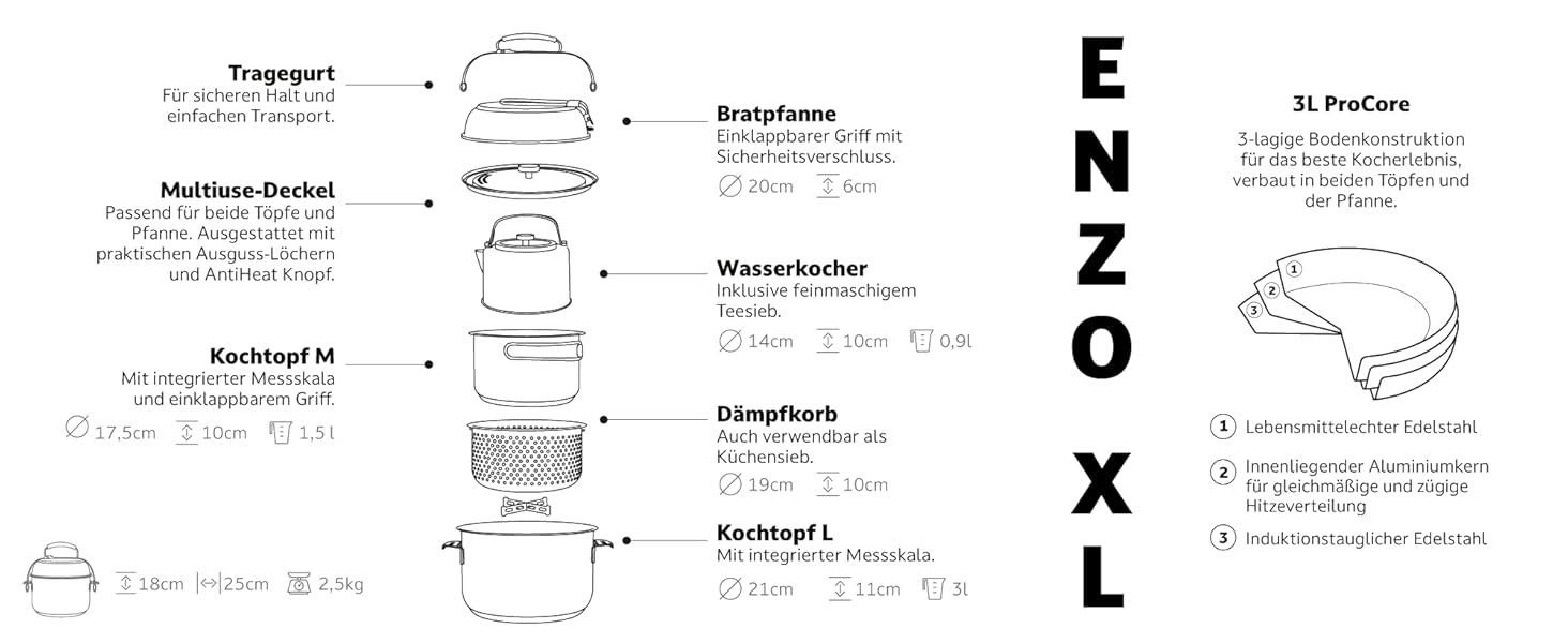 Набір посуду для кемпінгу Campo Libre Enzo I з нержавіючої сталі: компактний, індукційний, 6 або 8-ти частинний