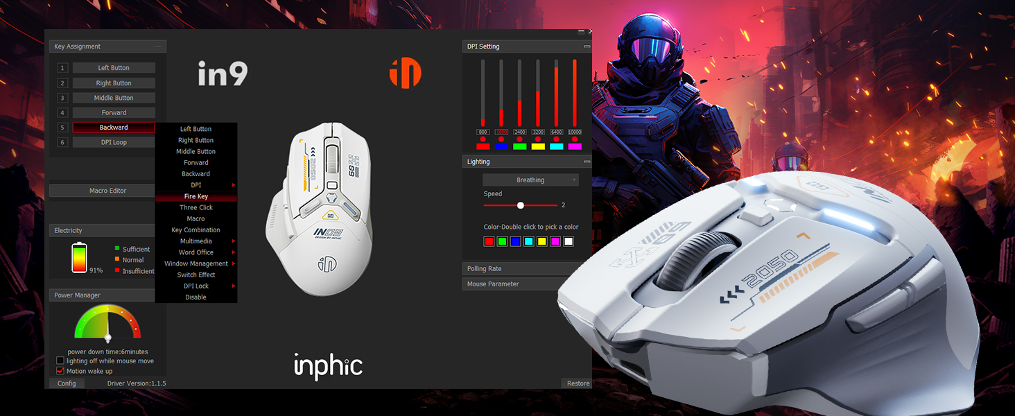 Ігрова миша inphic IN9 бездротова Tri-Mode (2.4G/Bluetooth/Type-C), 10000 DPI, RGB-підсвітка, програмована, акумуляторна, сіро-біла