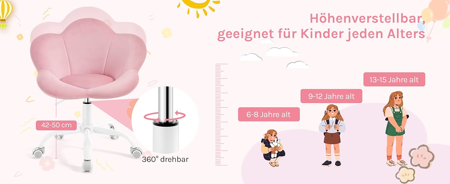 Дитячий ергономічний стілець WOLTU для столу, туалетного столика, офісу, регульована висота, оксамит, світло-фіолетовий