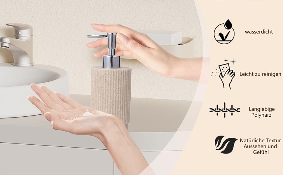 Набір для ванної кімнати 6 предметів: дозатор для мила, стаканчик для зубної щітки з підносом та коробочка для ватних паличок – смугастий дизайн, високоякісна смола (бежевий)