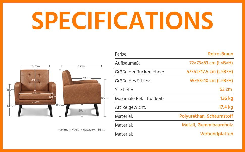 Крісло-мішок Yaheetech з підлокітниками, коричневе, з поліуретану, до 136 кг, для вітальні