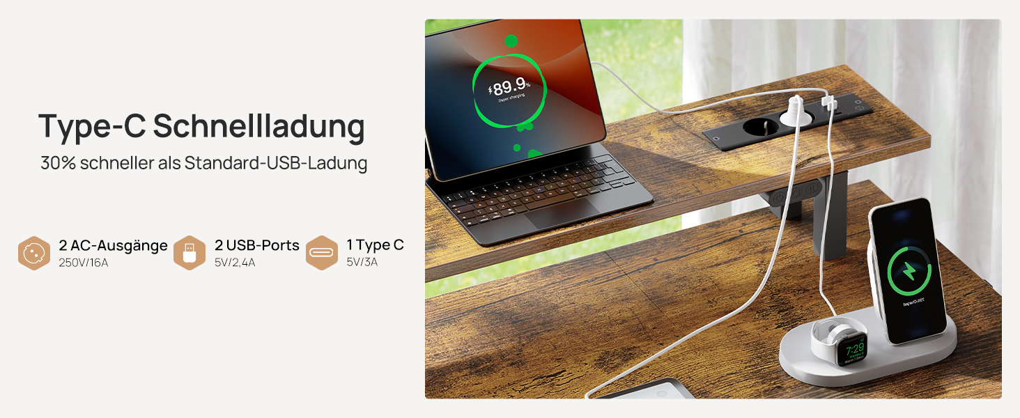 Ігровий стіл Seventable з LED підсвіткою, розетками та USB портами, шухлядами, підставкою для клавіатури та монітора (120x47x87 см, вінтажний коричневий)