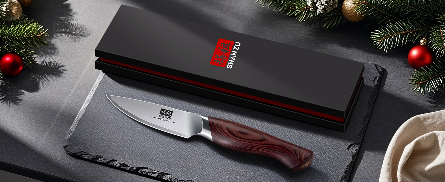 SHAN ZU Profi кухонний ніж 18 см - японський кухонний ніж з високоякісної сталі 10Cr15Mov, 12° заточка, ергономічна ручка з паккавуду - для м'яса, овочів, риби (овочечистка)