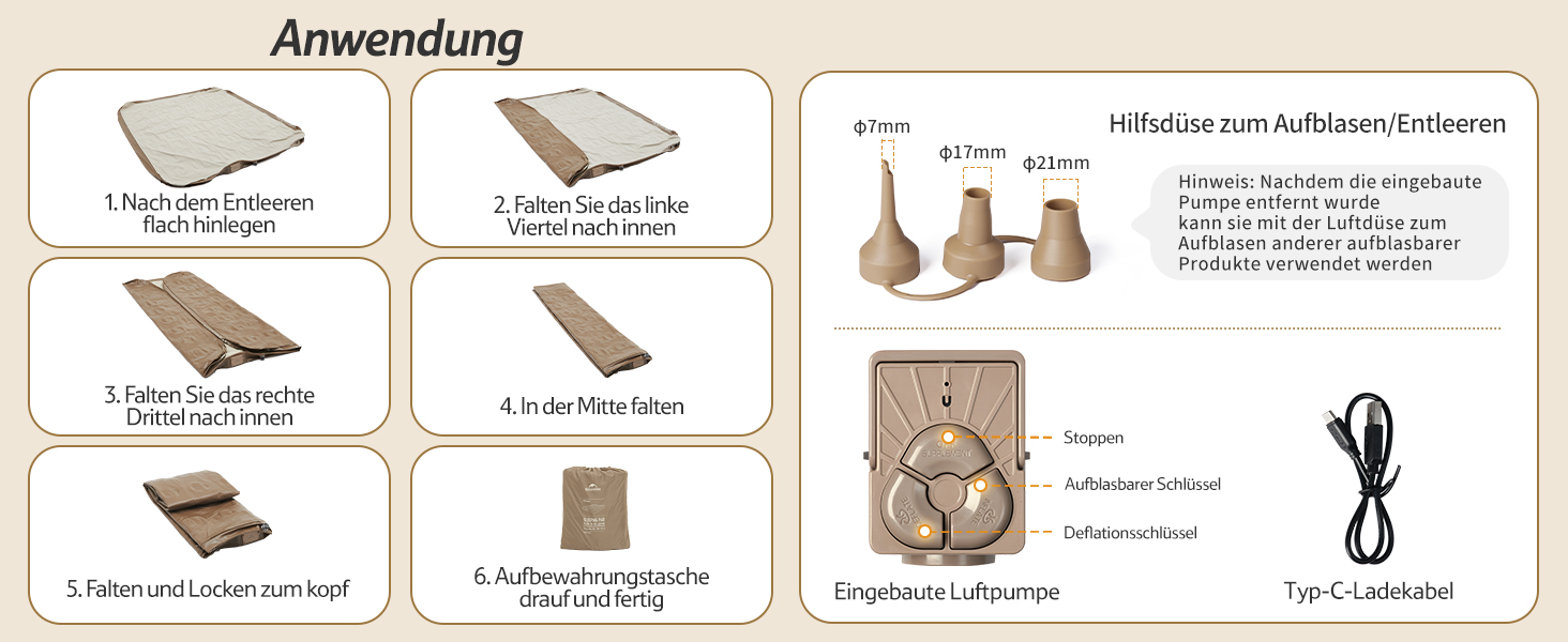 Надувна матрац Naturehike для 2 осіб з електричним насосом, 200x150x25 см. Самостійно надувна, преміум-якість, для кемпінгу та дому. Колір: коричневий.