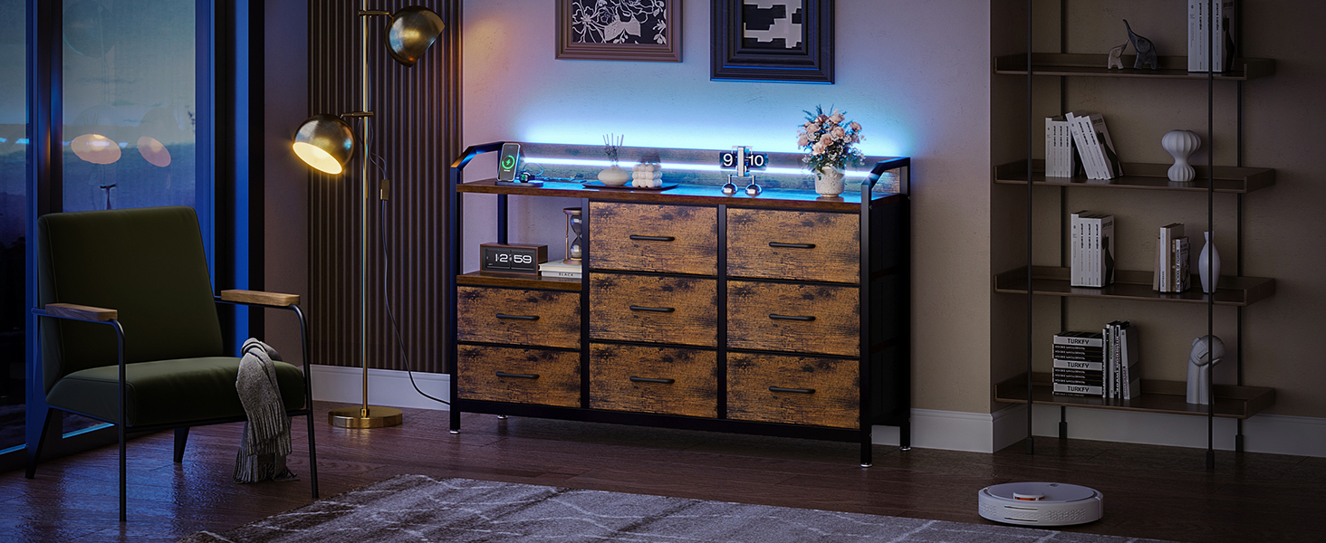 Комод ODK з висувними ящиками та LED-підсвіткою, 10 кольорів, 2 USB та 2 розетки, 8 тканинних ящиків, для вітальні/спальні, 110x30x88 см, вінтажний стиль