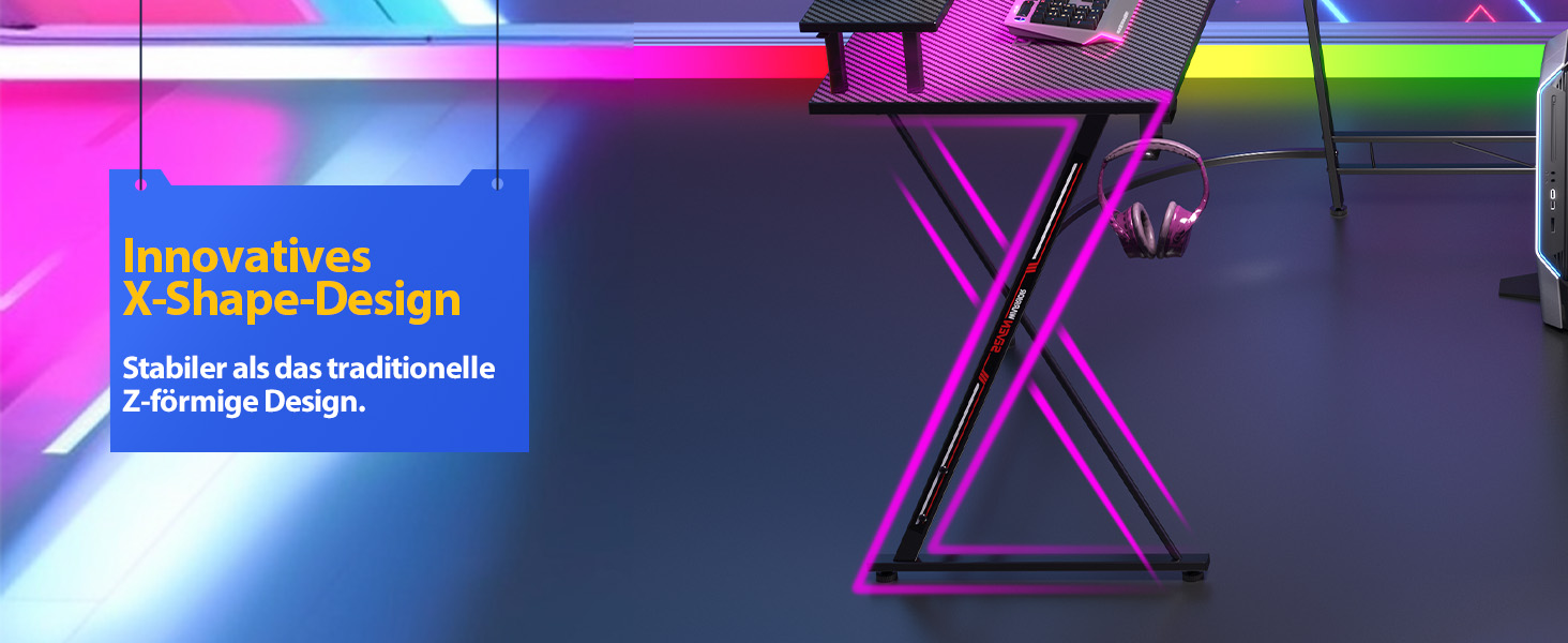 Ігровий стіл SEVEN WARRIOR з LED-підсвічуванням, розетками, моніторний стійка, 2 гачки, L-подібний, 147 см