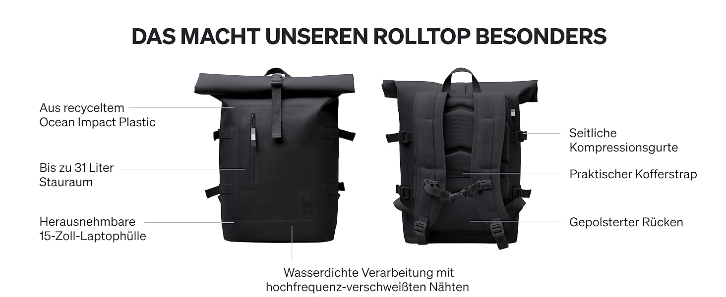 Рюкзак GOT BAG Rolltop з ударного пластику океану Рюкзак для ноутбука водонепроникний зі знімною 15-дюймовою сумкою для ноутбука Об'ємний рюкзак на 31 літр (чорний (монохромний))