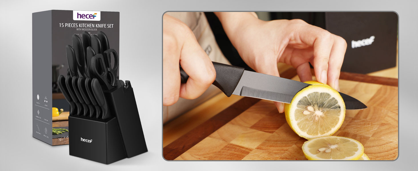Набір кухонних ножів Hecef 15 предметів з бруском, чорний, з антипригарним покриттям, можна мити в посудомийній машині, самозаточуваний брусок, ергономічні ручки, кухонний набір ножів для початківців та кулінарів-ентузіастів