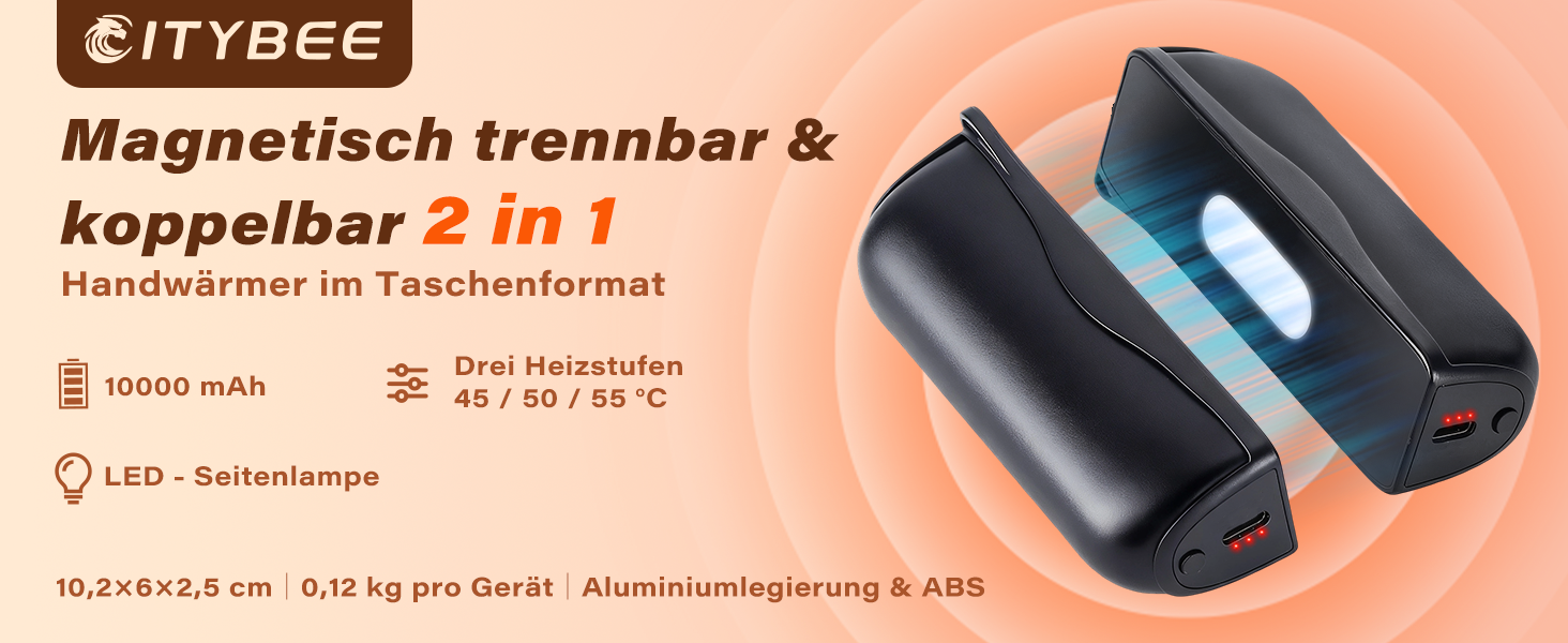 Електричні грілки для рук Citybee 2 шт. - 10000mAh, 3 режими нагріву, LED ліхтарик, Powerbank USB-C для кемпінгу, катання на лижах, активного відпочинку