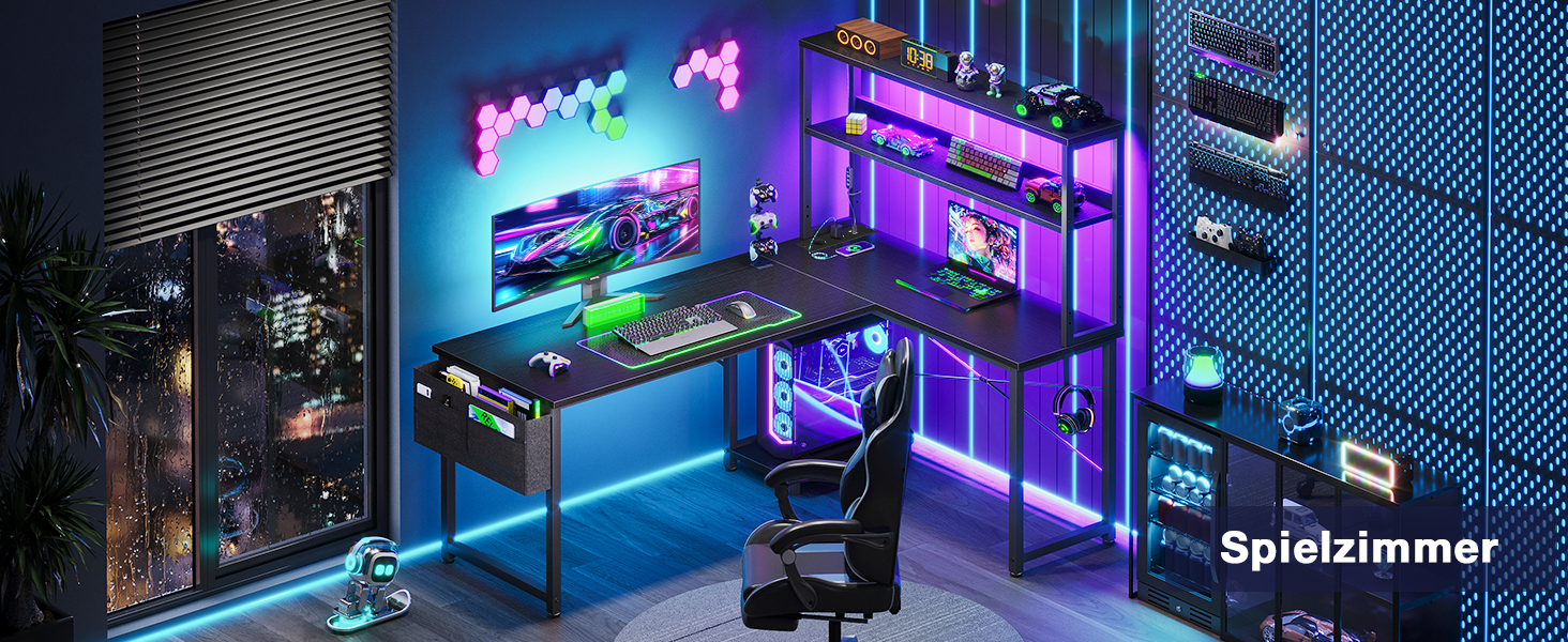 Ігровий стіл Coleshome L-подібної форми з LED підсвічуванням та розетками, 135 × 100 см. Реверсивний стіл з полицями для зберігання, ігровий кутовий стіл з сумкою для дому та геймінгу, чорний (135x100 см)