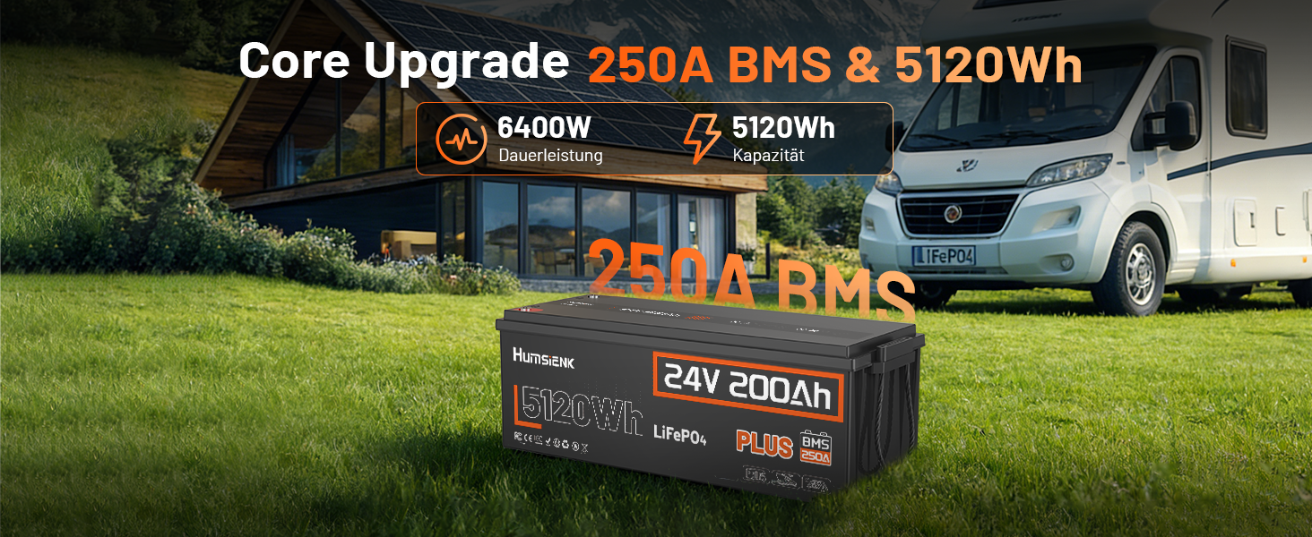 Акумулятор LiFePO4 Humsienk 24V 200Ah (5120Wh) для сонячних станцій та RV, з BMS 250A, IP65, висока потужність 6400W