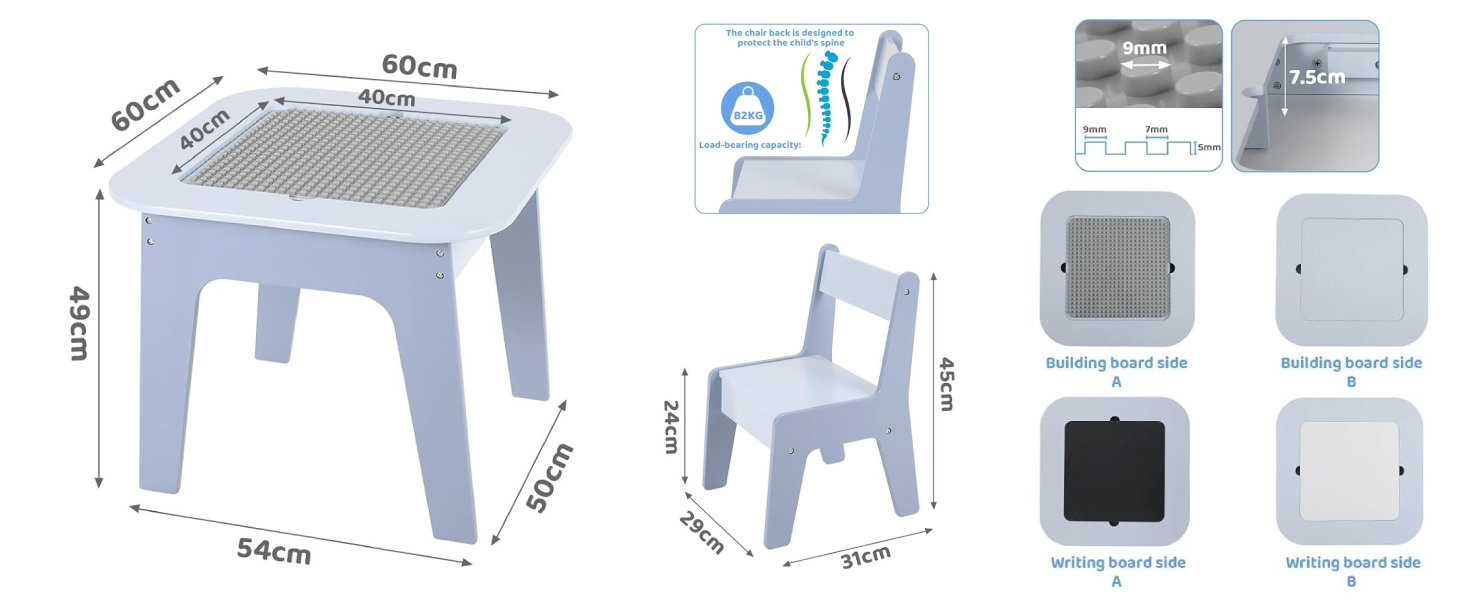 Дитячий стіл MAMIZO з 2 стільцями: комплект меблів для дитячої кімнати, стіл-мольберт, дитячий столик зі стільцями, блакитний