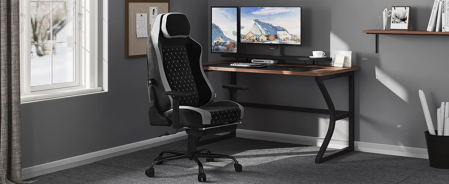 Ігровий крісло WOLTU, офісне крісло ергономічне, з інтегрованим м'яким наповнювачем, адаптивною підтримкою попереку, підніжкою, підлокітниками, оксамитовим покриттям, металевим каркасом, чорний + сірий, GS05szg Чорний+сірий Оксамит