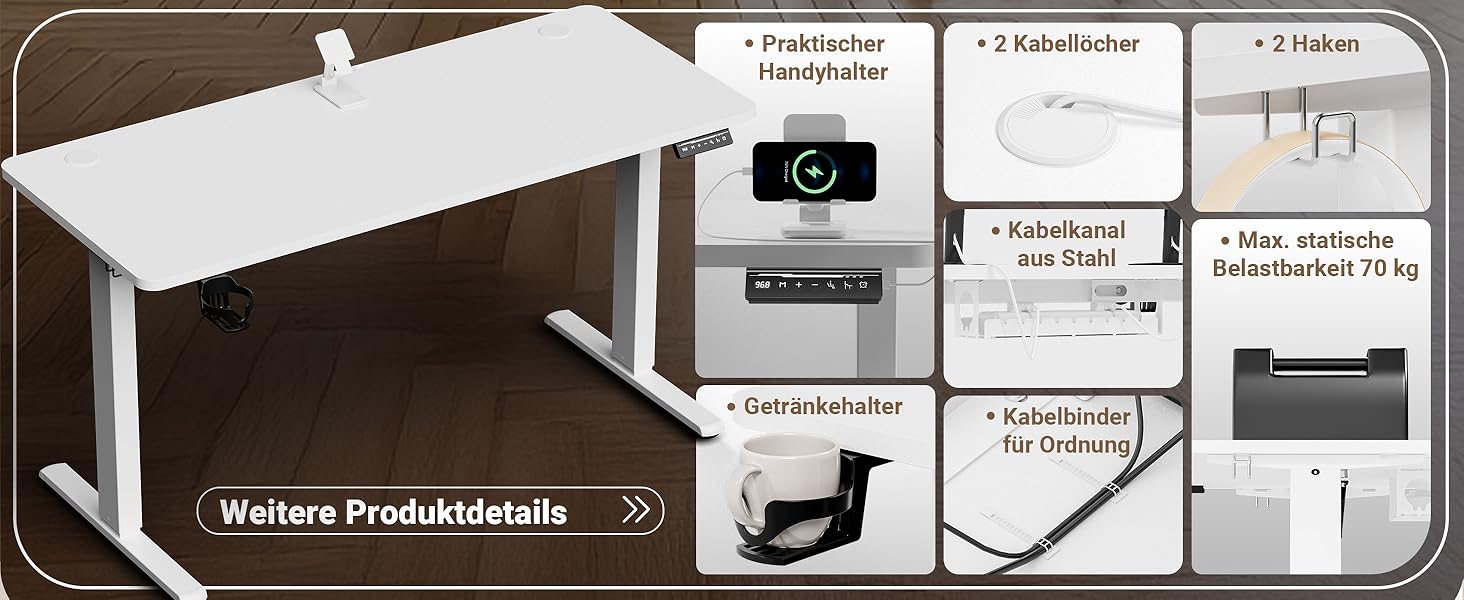 Регульований стіл 140 x 60 см з USB-C зарядкою, електричний, з функцією пам'яті, для офісу, стоячий/сидячий, білий Pro, 140x60 см