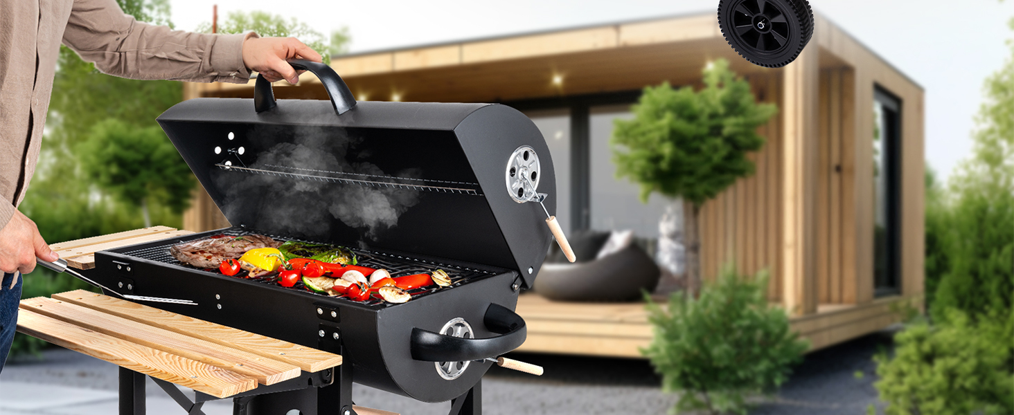 Дров'яний мангал Lehmann з решіткою-грилем XL, візком для дров, 2 полицями, кришкою, колесами та зручною ручкою. Ідеальний для саду, тераси, кемпінгу.