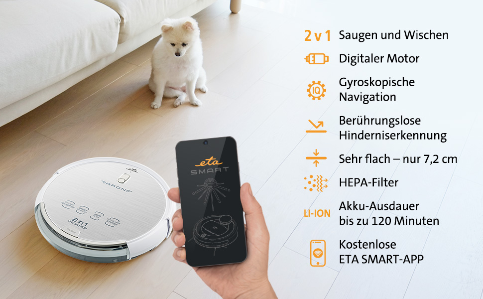 Робот-пилосос ETA Aron I 2в1: пилосос та мийка | 120 хв роботи | 300 мл резервуар | Керування через додаток | 7.2 см | HEPA фільтр