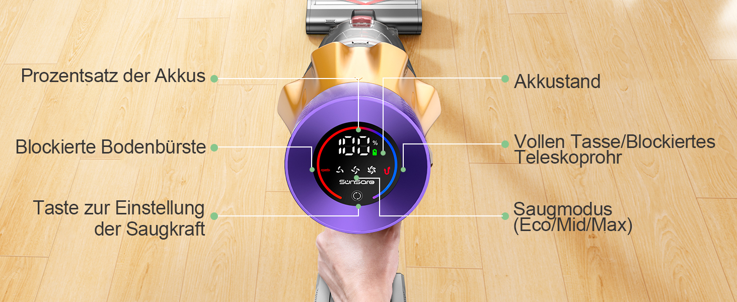 Бездротовий акумуляторний пилосос SunSare 600W з дисплеєм та станцією, тихий, для твердих поверхонь, килимів та шерсті тварин