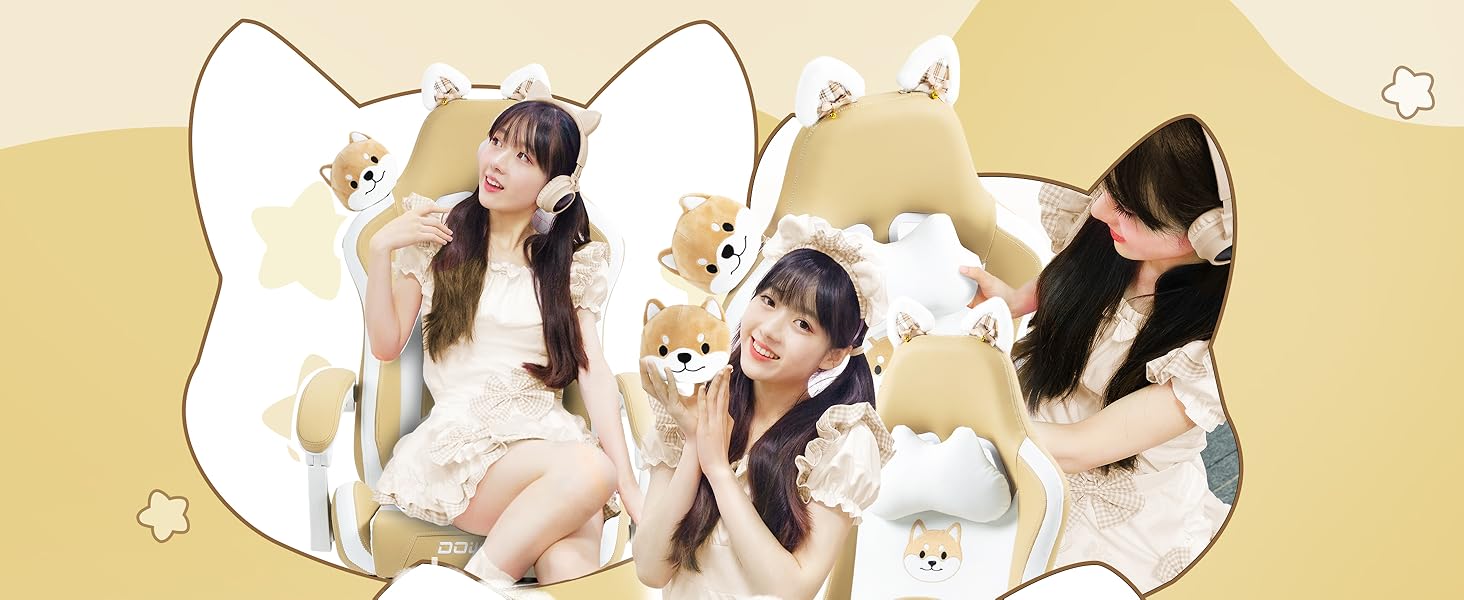 Ігровий крісло Dowinx з вушками для дівчаток, ергономічне, з масажем, підтримкою попереку, регульованою підніжкою та підголівником, 135 кг, коричневий