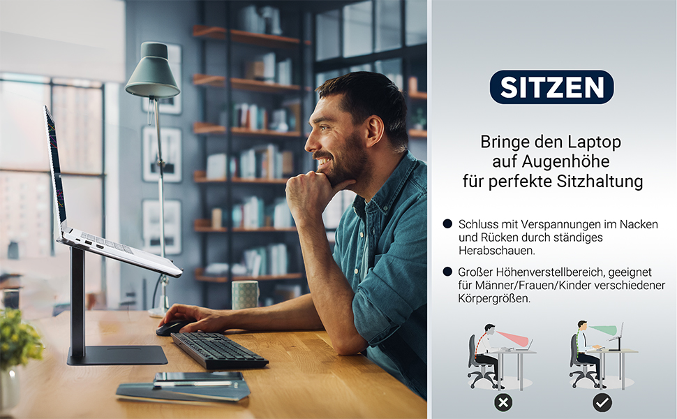 Регульований підставка для ноутбука, стійка для ноутбука на стіл, можливість стоячи, підставка для DJ, компактна альтернатива столу, сумісна з MacBook та ноутбуками 13'-16.5', чорний Polar-Schwarz