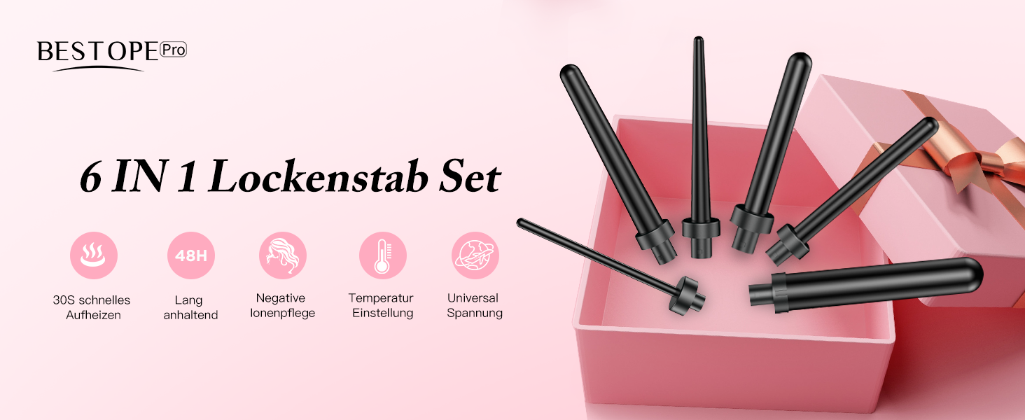 BESTOPE PRO Локкенштаб 6-в-1: великі та малі локони, різні насадки, регулювання температури, чорний