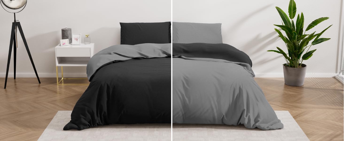 Комплект постільної білизни Dreamzie 200x200 см з 2 наволочками 80x80 см, двосторонній, чорний / темно-сірий