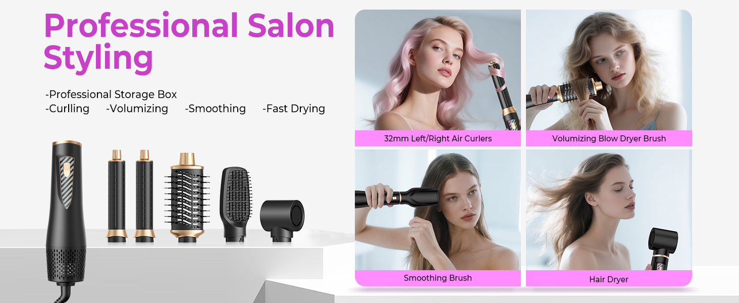 UKLISS Airstyler 5-в-1: Професійний фен-щітка з іонізацією, авто-завивкою 32мм для об'єму, сушіння, випрямлення та завивки волосся будь-якого типу, чорний