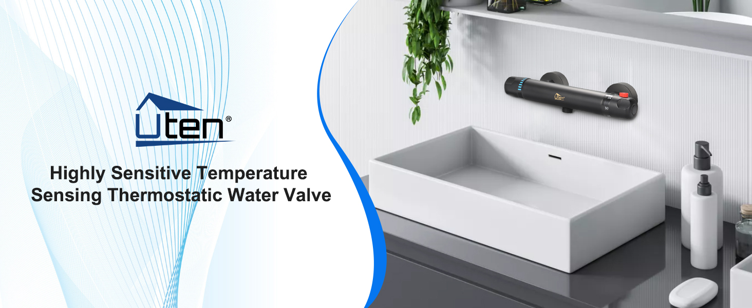 Змішувач для ванни з термостатом Uten, чорний, латунь, 2 виходи, захист 38°C