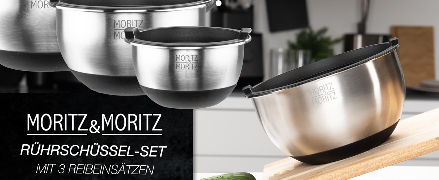 Миска для перемішування Moritz & Moritz 5er з кришкою - 0,6-4,5л - нержавіюча сталь з антиковзкими ніжками без BPA - Складна салатниця з кришкою та 3 насадкою-терткою - придатна для миття в посудомийній машині