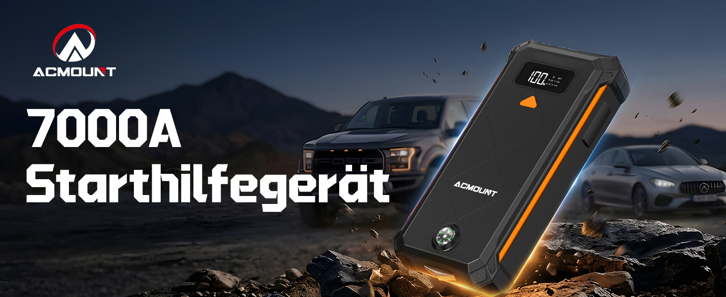 Бустерний пускач Acmount P110 7000A Powerbank для авто (12л бензин/10л дизель) з LED-ліхтарем, компасом та молотком для PKW, SUV, мотоциклів, газонокосарок, помаранчевий