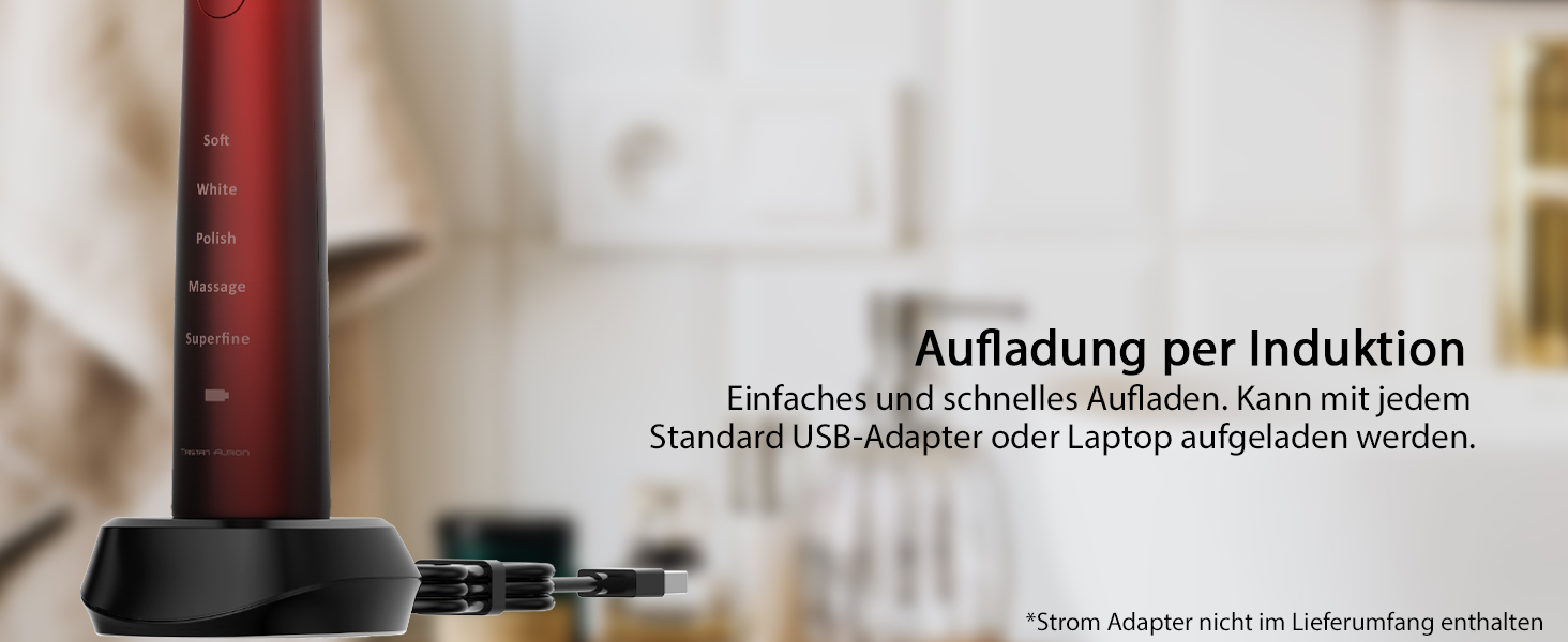 Електрична зубна щітка Tristan Auron – 55 000 вібрацій, 5 режимів, 60 днів роботи від акумулятора, компактна та тиха, 2 насадки, для бережного очищення зубів (червона)