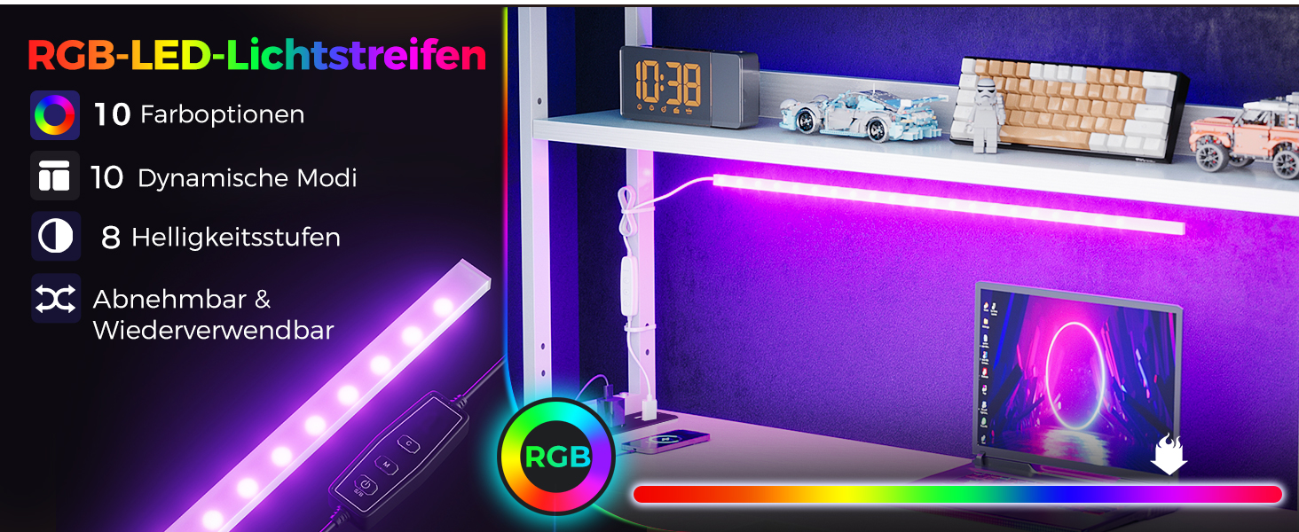 Ігровий стіл Coleshome L-подібної форми з LED підсвічуванням та розетками, 115x80 см. Реверсивний стіл з полицями для зберігання, ігровий кутовий стіл з сумкою для дому та геймінгу.