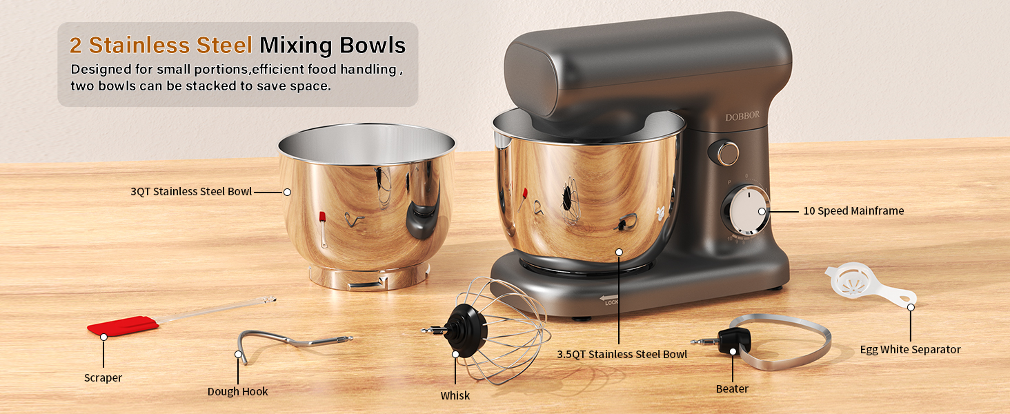 Кухонна машина-міксер з двома чашами 2.5L+3L, 10 швидкостей, 1500W, з гаком для тіста та насадкою для збивання, для випічки та щоденного приготування їжі (сріблясто-сірий)