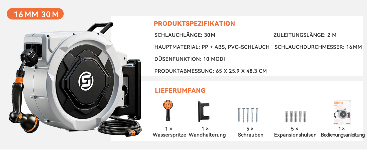 Шланговий барабан SUNPOW настінний 30м для саду, тераси та двору. Автоматичний намотувач шланга 16 мм з фіксацією, поворотна стійка 180°, 10-функціональна насадка для поливу.