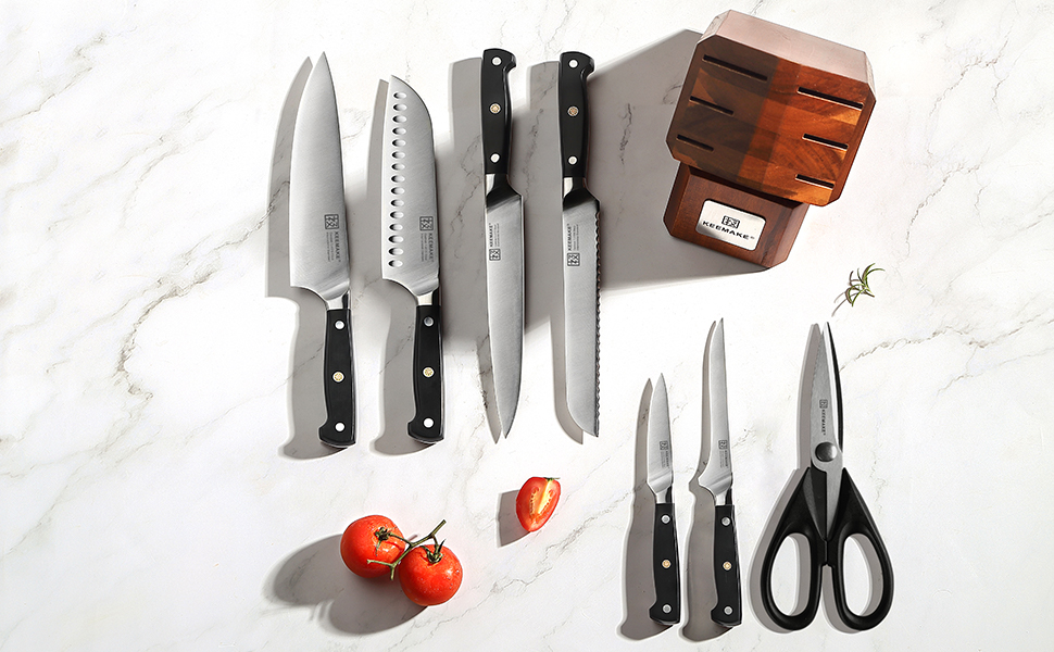 Набір кухонних ножів Keemake 8 предметів з бруском: кухонні ножі, ніж для хліба, ніж для м'яса. Набір ножів для кухні, 8 шт.