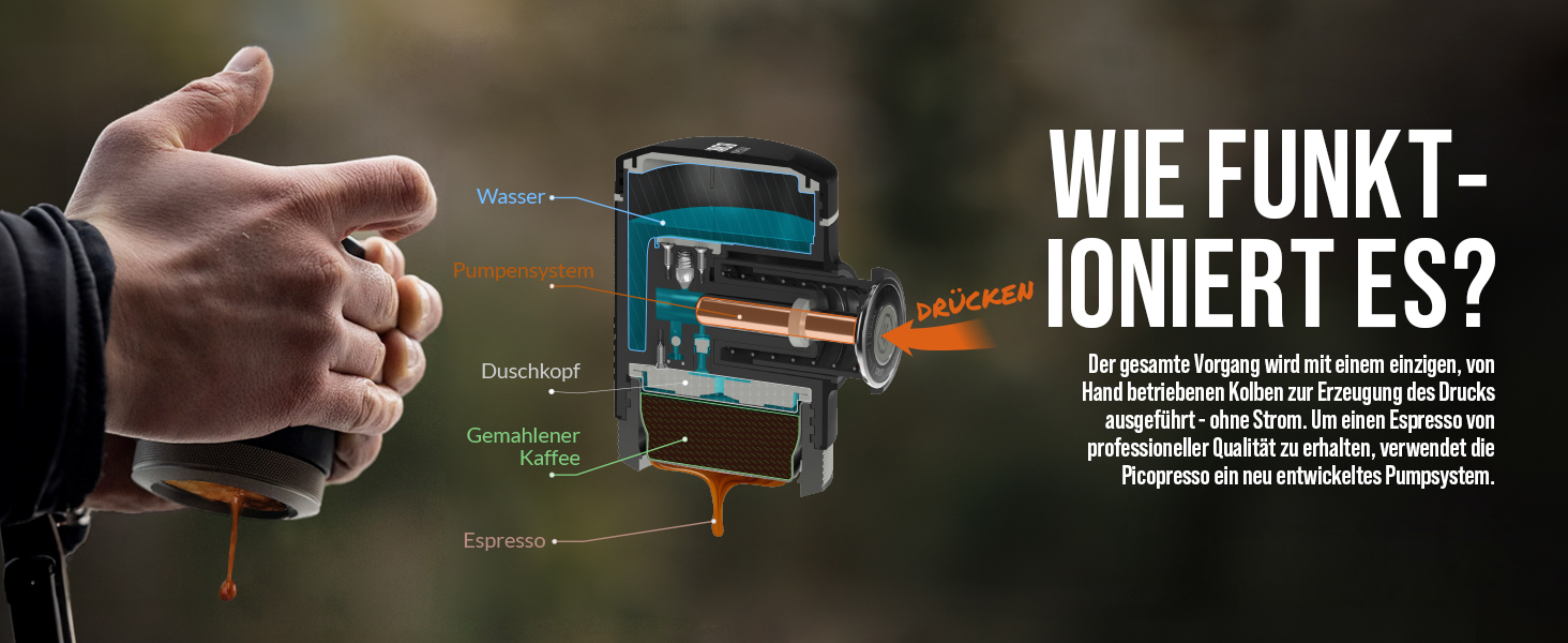 WACACO Picopresso: Портативна кавомашина для еспресо з екіпіруванням, ручна, сіра