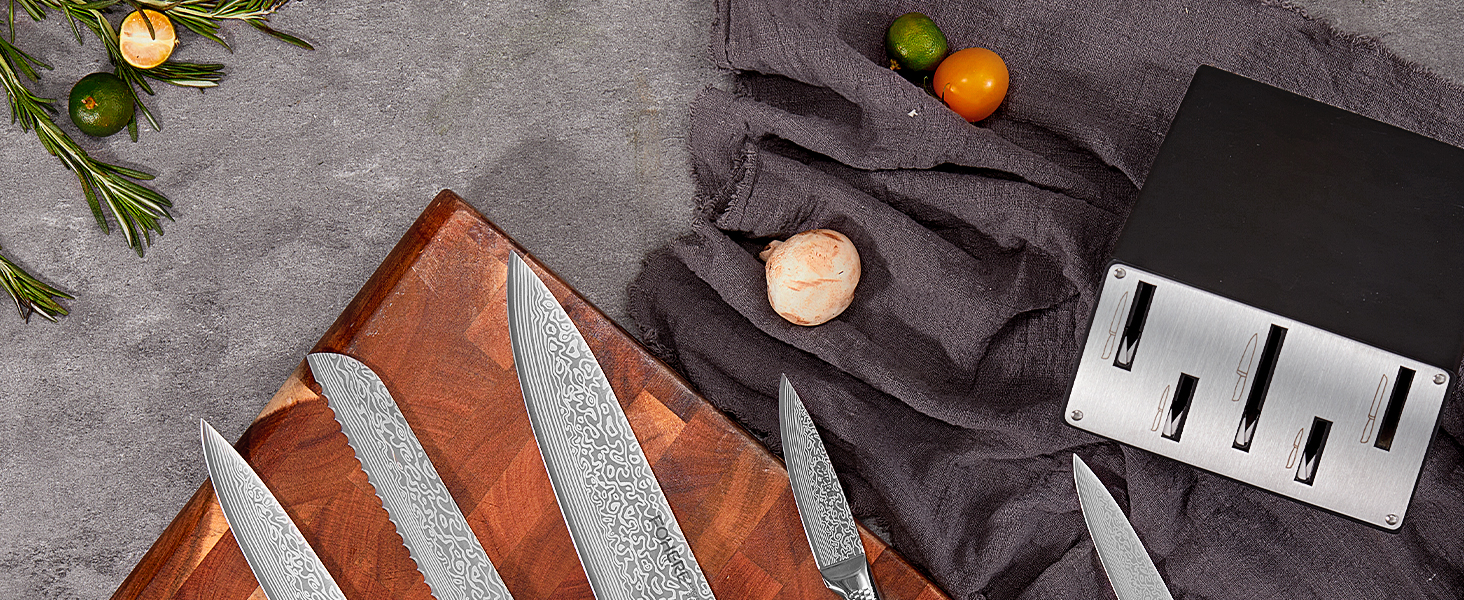 Набір ножів FOHERE 7 предметів з автозаточкою, професійний кухонний набір, з дерев'яним блоком, нержавіюча сталь, ергономічні ручки, ідеальний подарунок