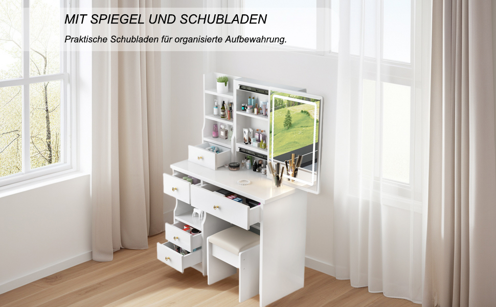 Дзеркальний туалетний столик YuYe з LED-підсвічуванням, регульованою яскравістю, з пуфом, 5 шухлядами та 3 полицями, білий, модель T68