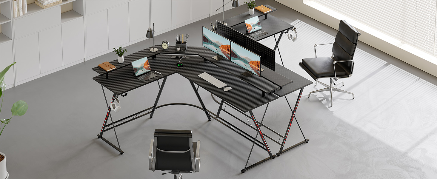 Ігровий стіл SEVEN WARRIOR з LED-підсвічуванням, розетками, моніторний стійка, 2 гачки, L-подібний, 147 см