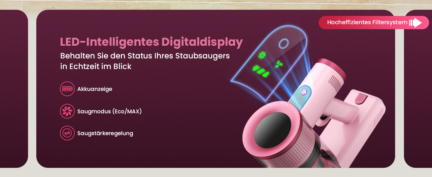 Акумуляторний пилосос Dzaki 50000 Па з дисплеєм, підставкою, довгою роботою та щіткою проти заплутування для килимів, твердих підлог, шерсті тварин, авто - помаранчево-рожевий