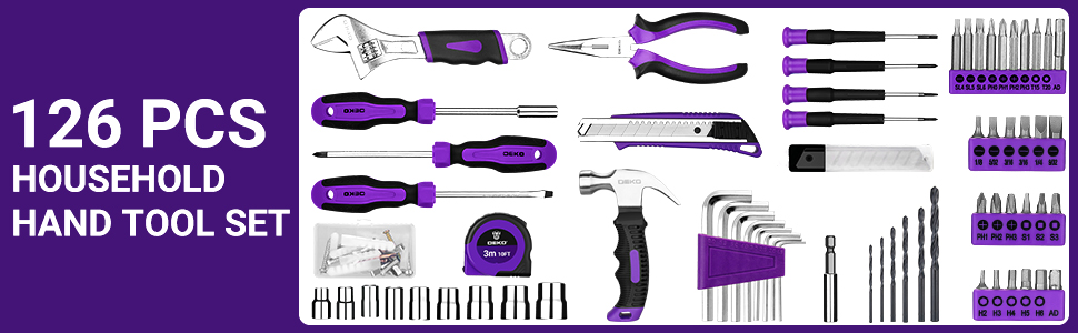 Набір інструментів DEKO 126 предметів у кейсі: професійний набір для дому, офісу та саду (фіолетовий)